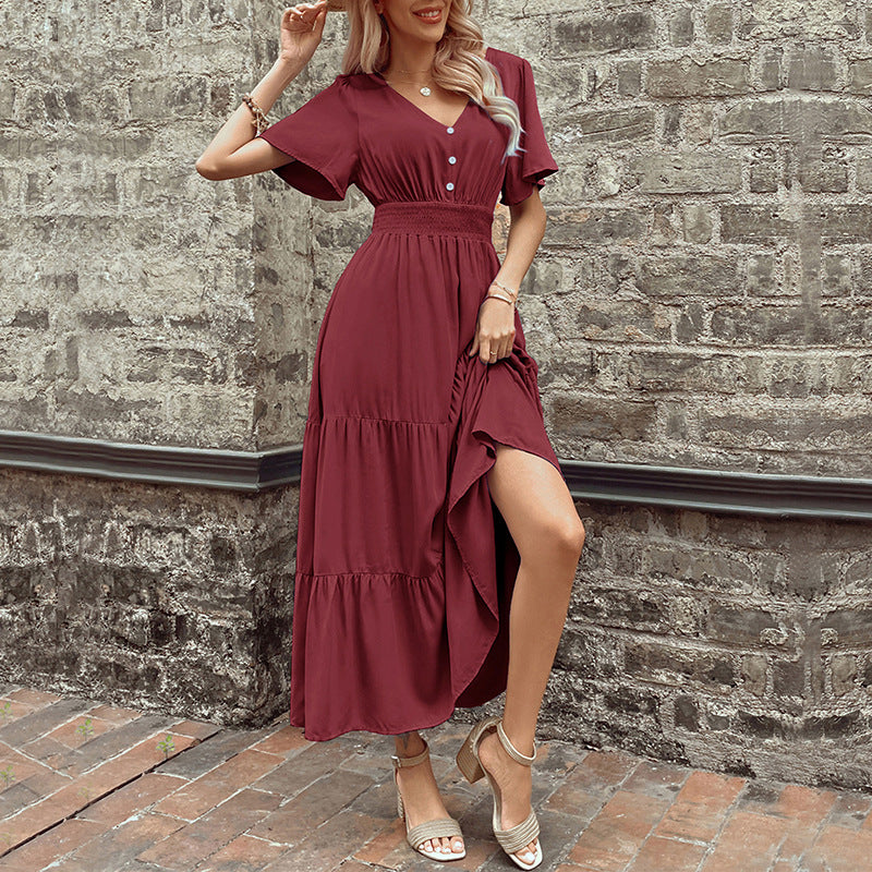 Damen Maxikleid Rüschen Details Taillengürtel Norvielle