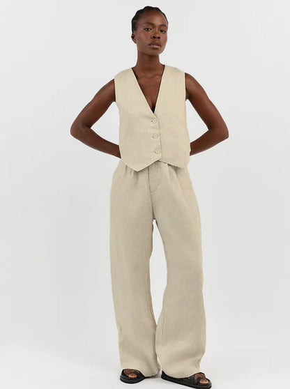 Damen Leinen-Anzugset Weste Weitbein-Hose Beige