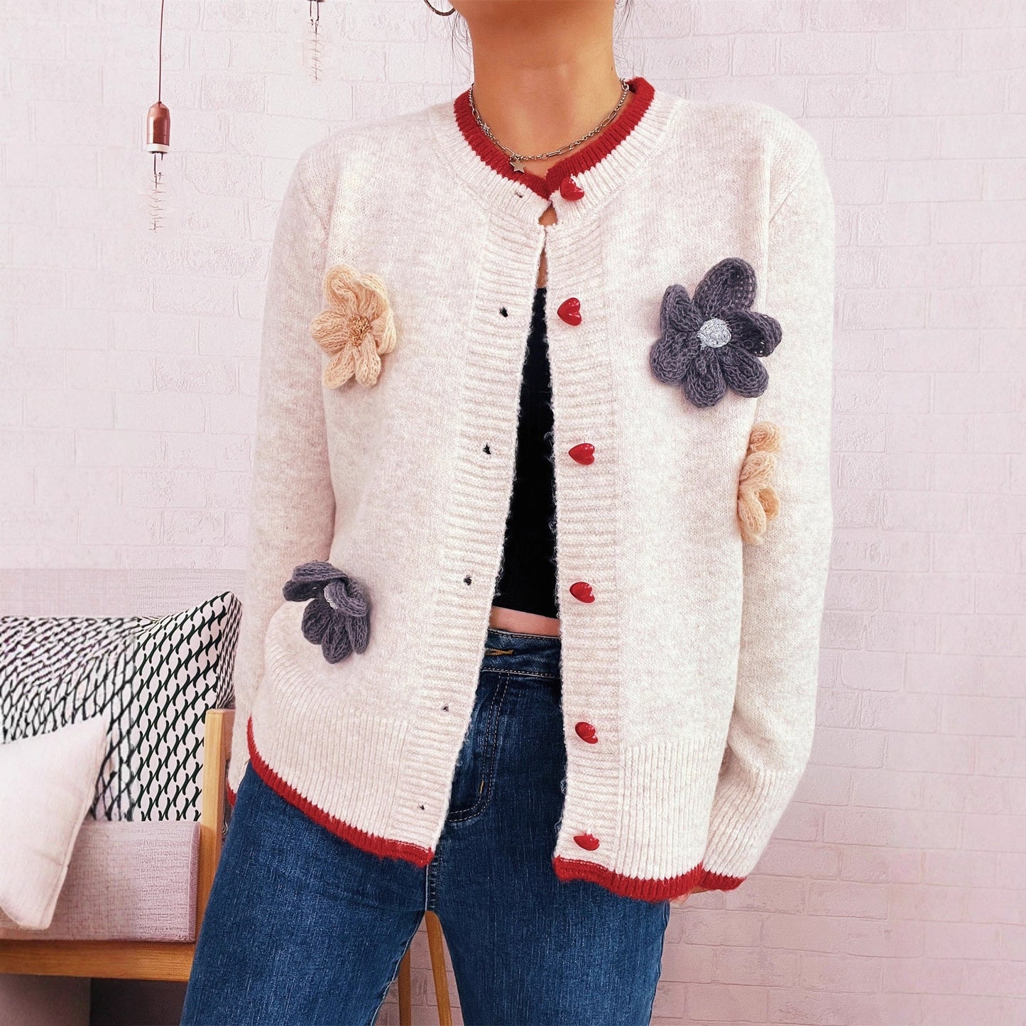 Damen Strickjacke Florale Applikationen Herzknöpfe Norvielle - Norvielle