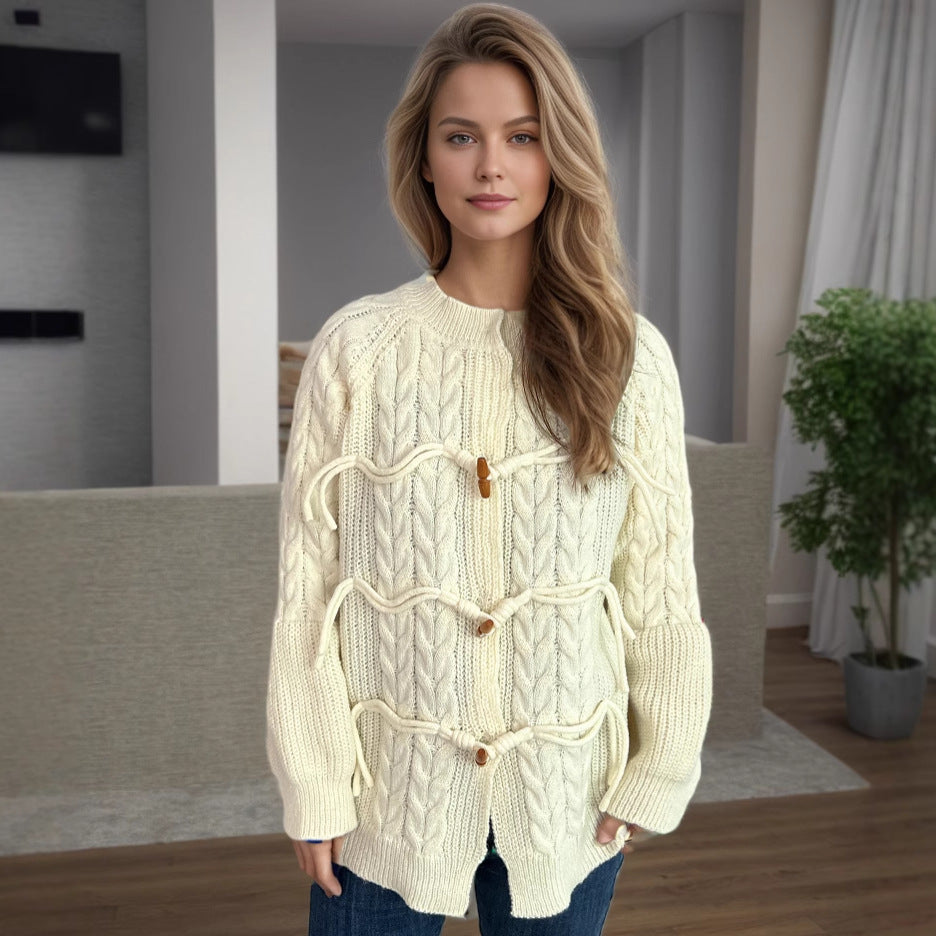 Damen Grobstrickjacke Norvielle mit Kordelzug und Holzknöpfen - Norvielle