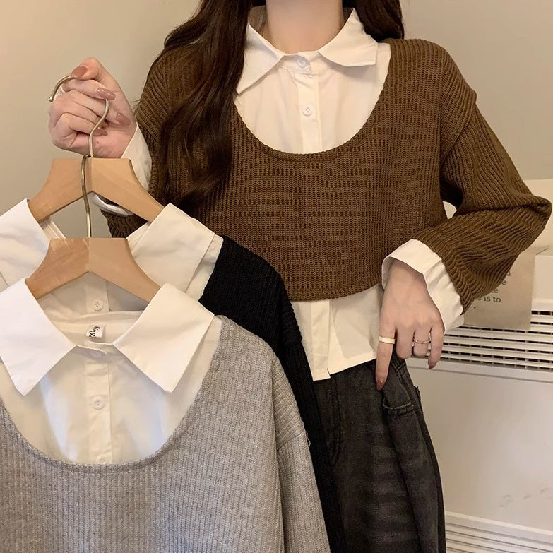 Damen Strickpullover mit Hemd Cropped Baumwolle Weiß - Norvielle