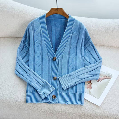 Damen Grobstrick Cardigan V-Ausschnitt Zopfmuster Beige
