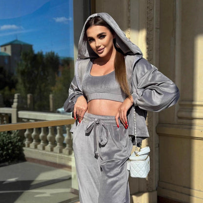 Damen Sportlicher Lounge-Anzug Samt-Look Cropped Oberteil Weite Hose - Norvielle