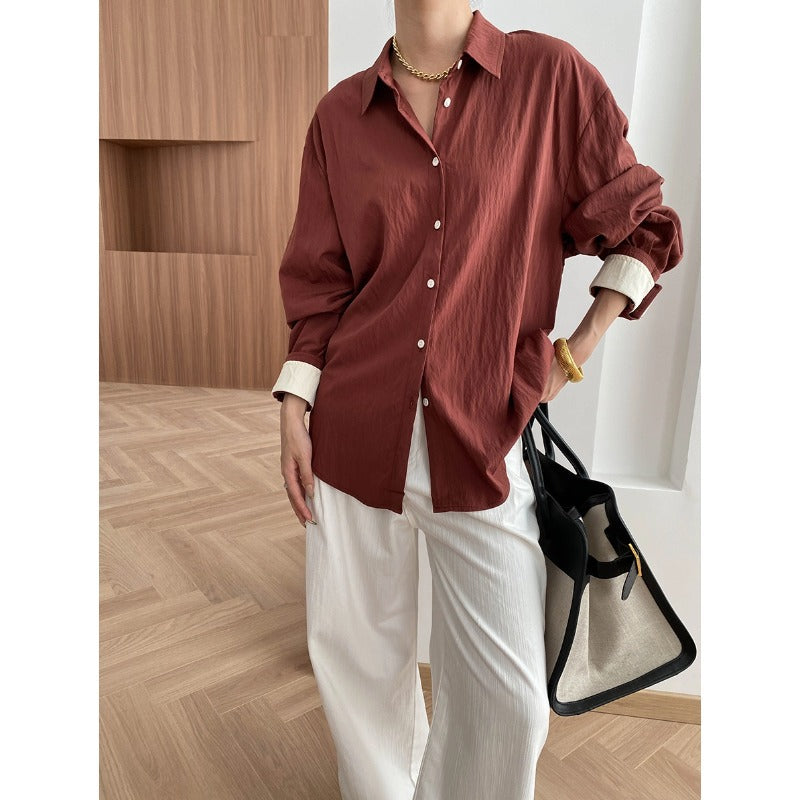Damen Oversized Hemdbluse Feine Details Kontrastärmel - Norvielle