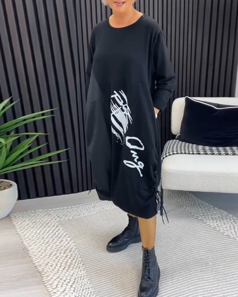 Damen Oversized Hoodie-Kleid mit Seitentaschen und Grafik-Print