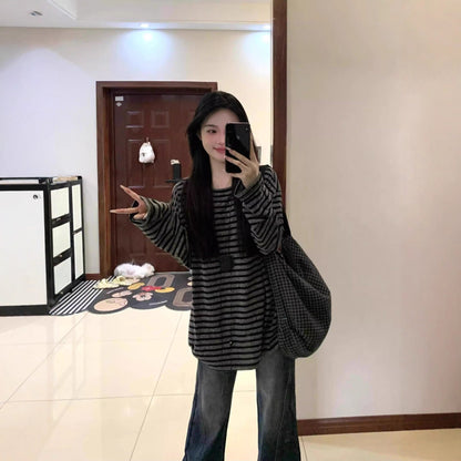 Damen Oversized-Shirt Gestreift Weite Ärmel Schwarz-Weiß - Norvielle