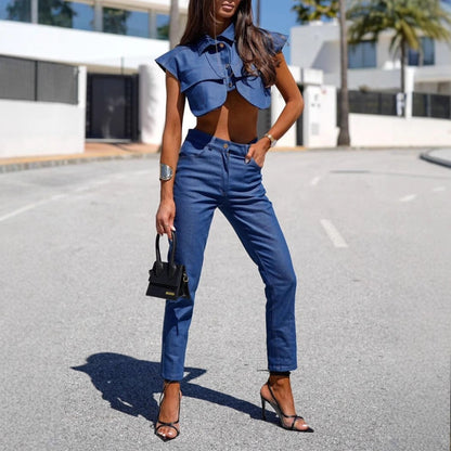 Damen Denim Crop- Weiter Kragen