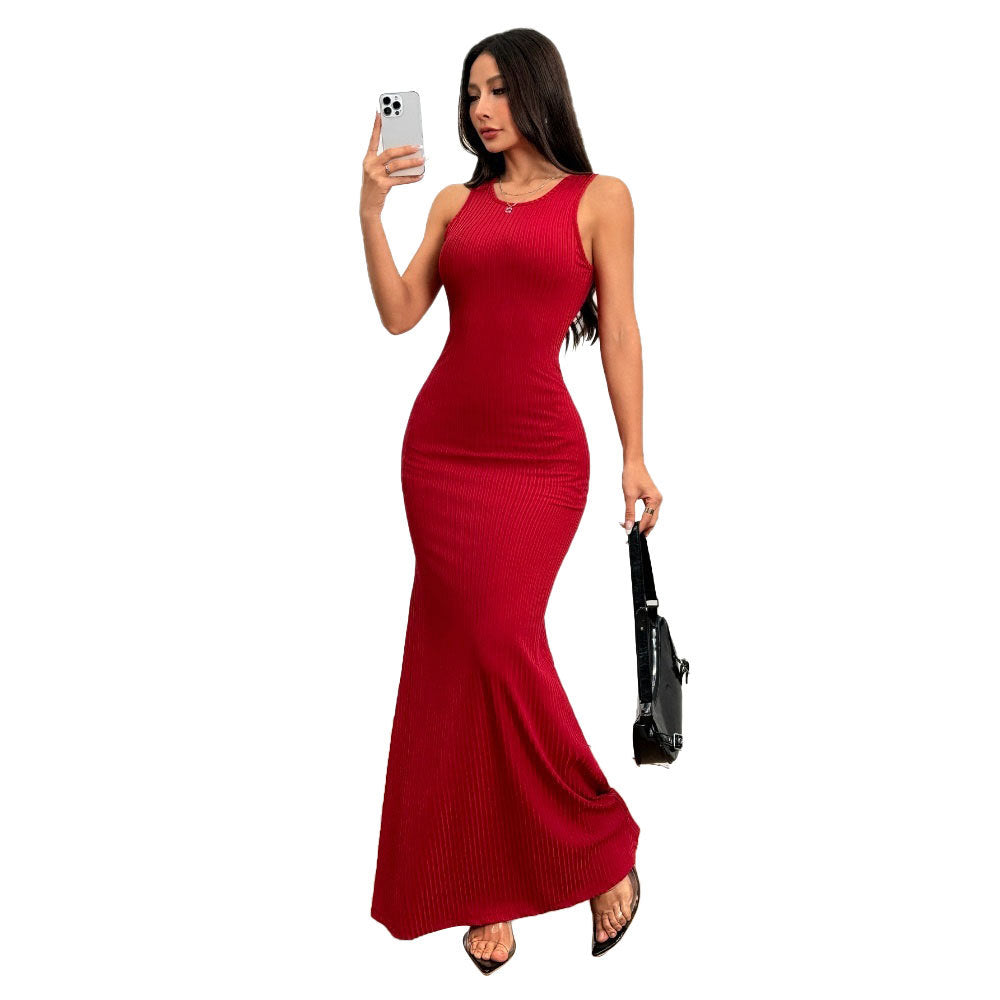 Damen Ripp Maxi-Kleid Figurbetont Rundhalsausschnitt Norvielle