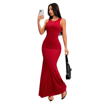 Damen Ripp Maxi-Kleid Figurbetont Rundhalsausschnitt Norvielle