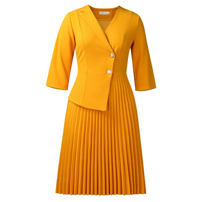 Damen Blazer-Kleid Plissierter Rock Modischer Knopf