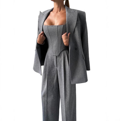 Damen Anzug-Set Zweiteilig Tailliertes Oberteil Geraute Hose Norvielle