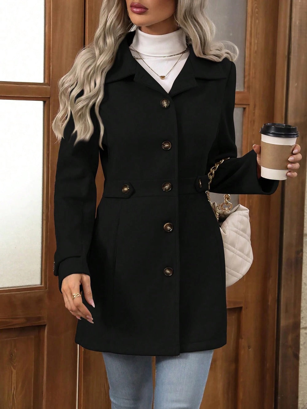 Damen Langmantel Baumwolle Gürtel Knöpfe Beige