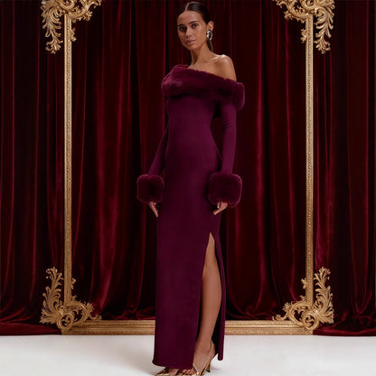 Damen Maxikleid Langarm Schulterfrei Fellakzente