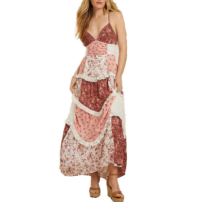 Damen Maxikleid mit Rüschen und Blumen-Patchwork-Design