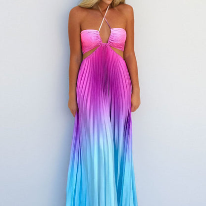 Damen Maxikleid Plissee Ausschnitt Cut-Out Norvielle