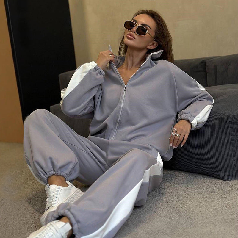 Damen Fleece-Sweat-Set mit hohem Kragen und Streifen Norvielle - Norvielle