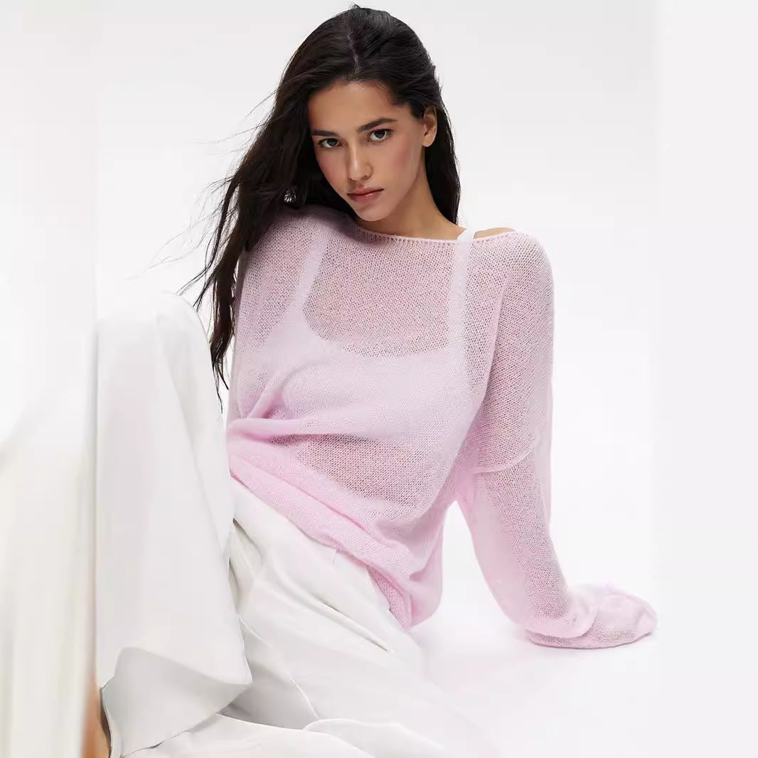 Damen Pullover Lässig Weite Ärmel Feines Lochstrick Beige