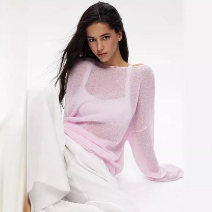 Damen Pullover Lässig Weite Ärmel Feines Lochstrick Beige