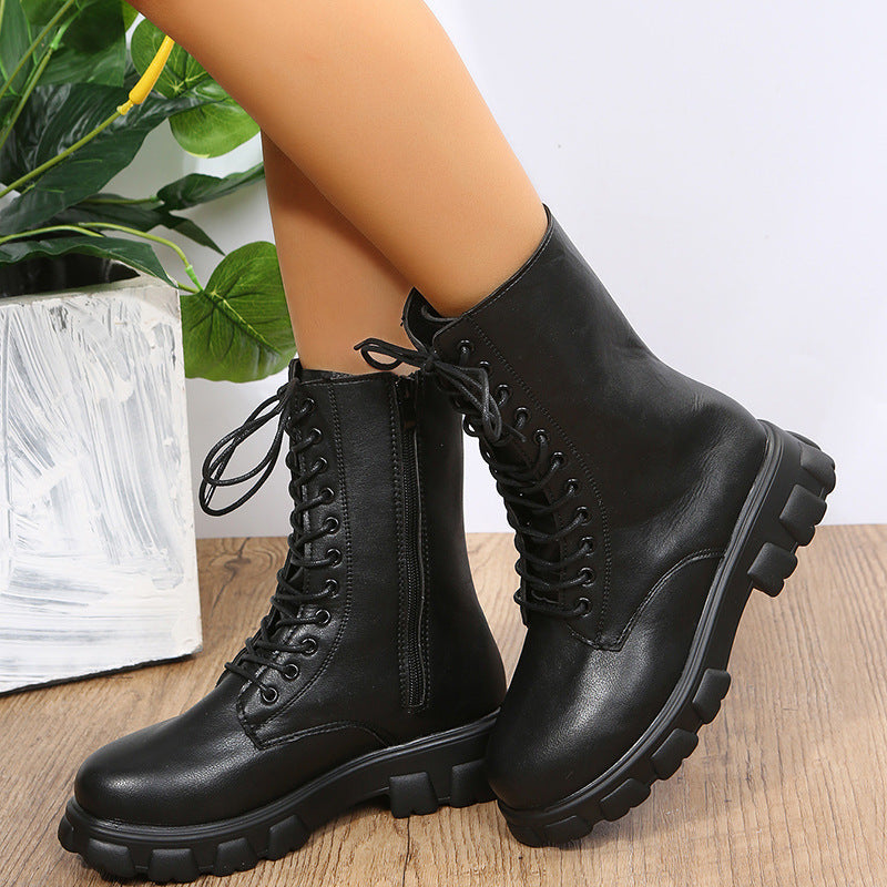 Damen Schnürboots Robustes Plateau Seitlicher Reißverschluss