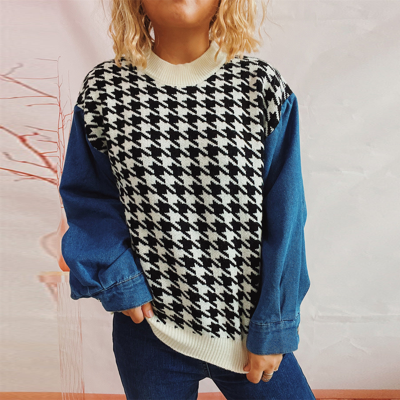 Damen Pullover Hahnentrittmuster Denim Ärmel