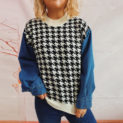 Damen Pullover Hahnentrittmuster Denim Ärmel