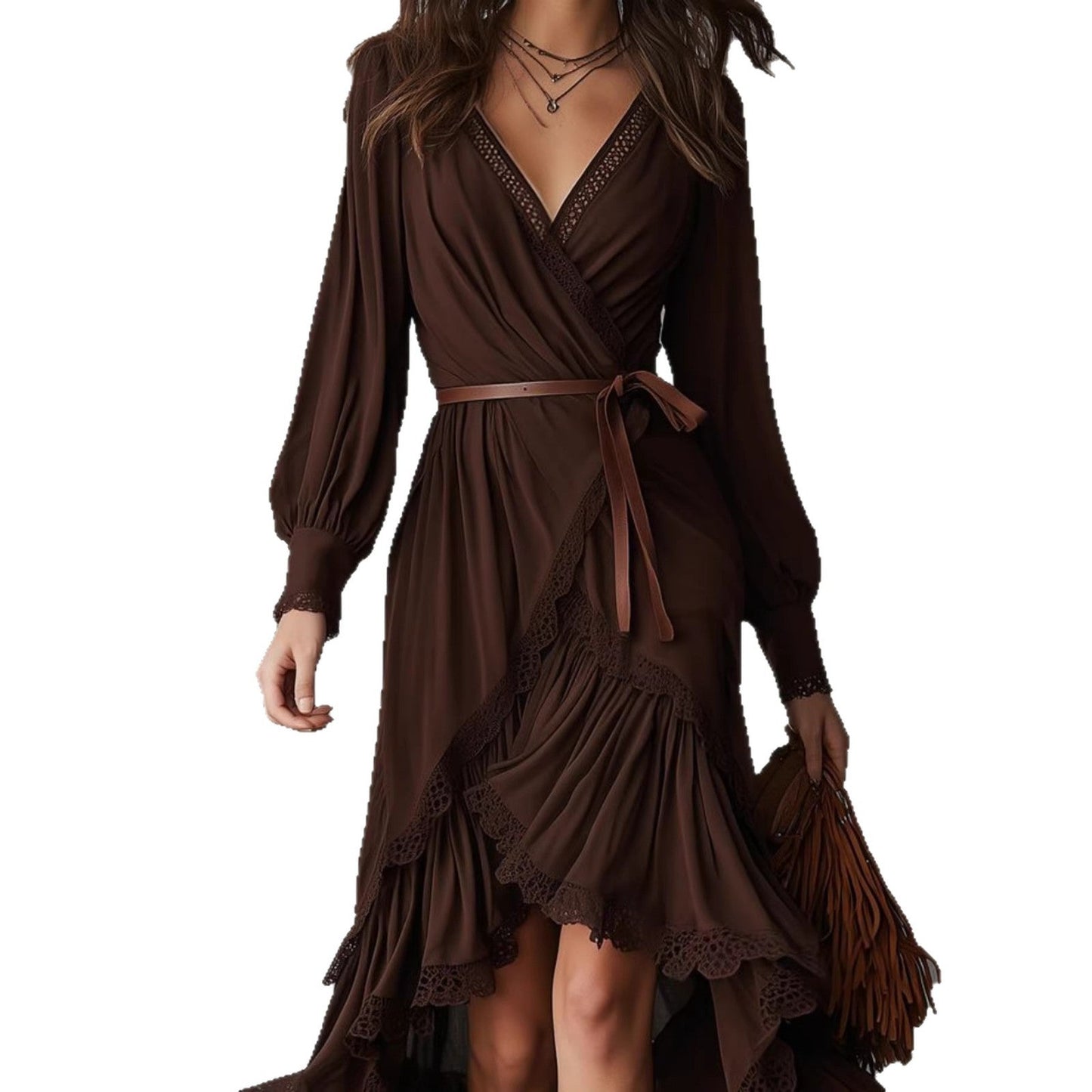 Damen Wickelkleid Spitzendetails Fließender Saum Norvielle