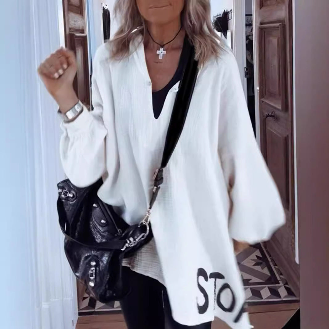 Damen Oversize-Shirt V-Ausschnitt Voluminöse Ärmel Norvielle