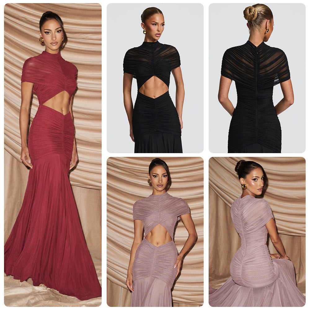 Damen Abendkleid Cut-Out-Design Faltenstoff Schwarz - Norvielle