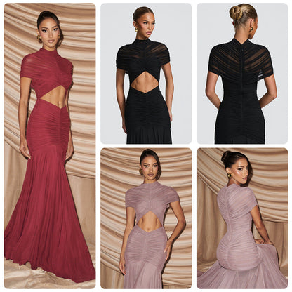 Damen Abendkleid Cut-Out-Design Faltenstoff Schwarz - Norvielle