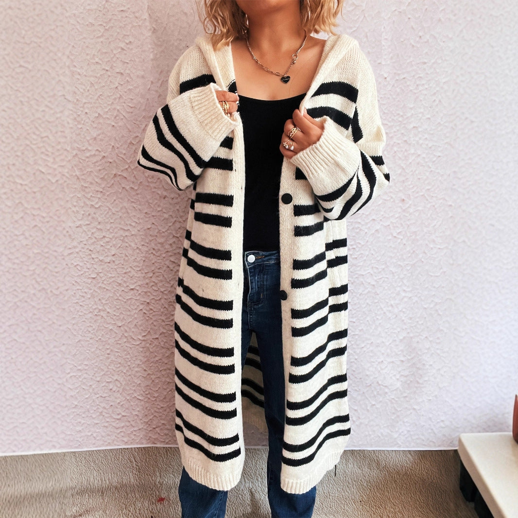 Damen Strickcardigan Hochgeschlossener Kragen Streifenmuster Beige - Norvielle