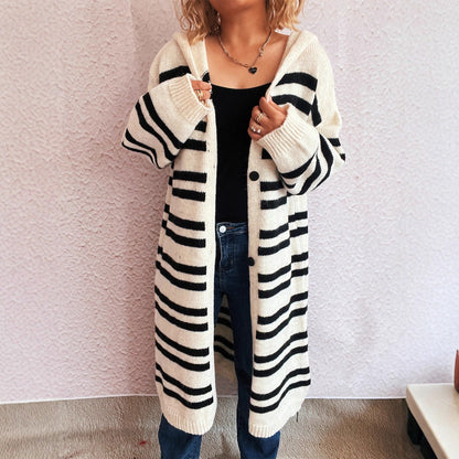 Damen Strickcardigan Hochgeschlossener Kragen Streifenmuster Beige - Norvielle