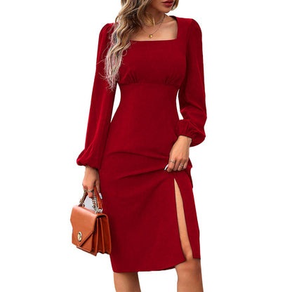 Damen Cocktailkleid Langer Puffärmel Hocher Schlitz
