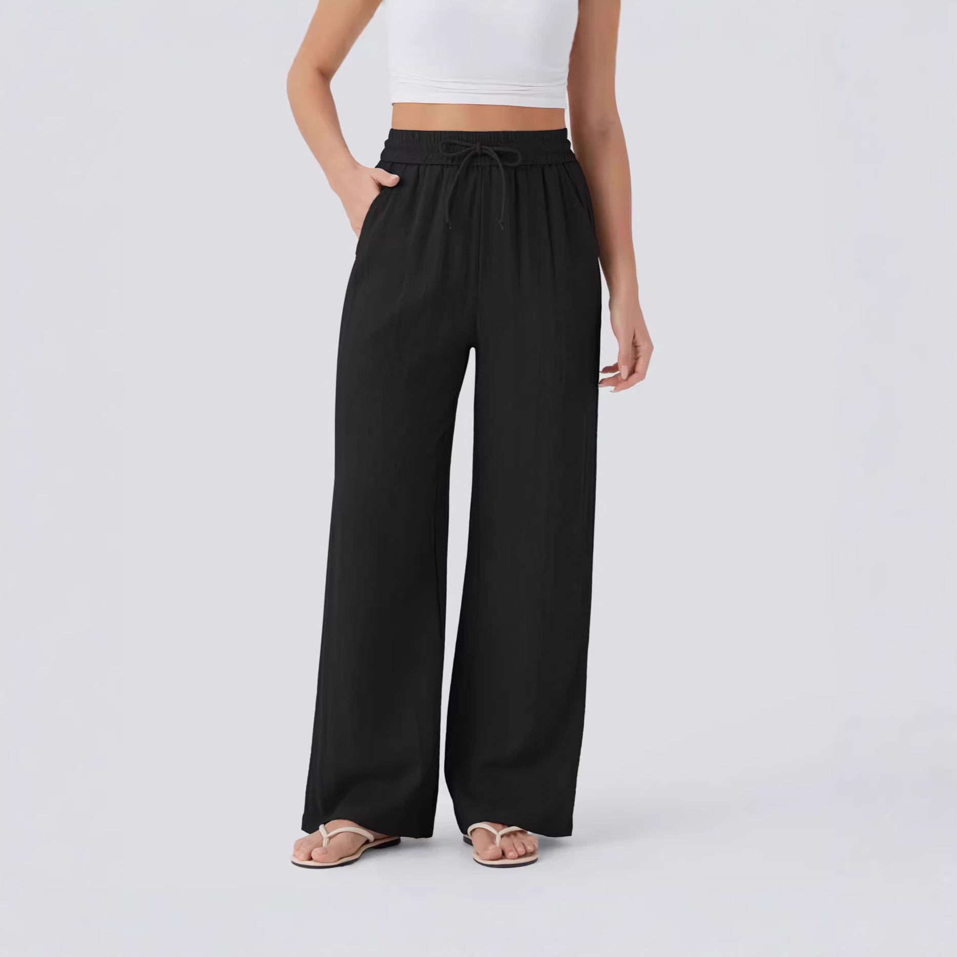 Damen Palazzo-Hose Elastischer Bund Praktische Taschen Schwarz - Norvielle