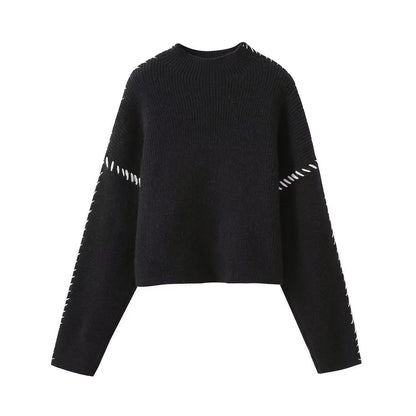 Damen Strickpullover Hochärmelig Kontraststich Norvielle