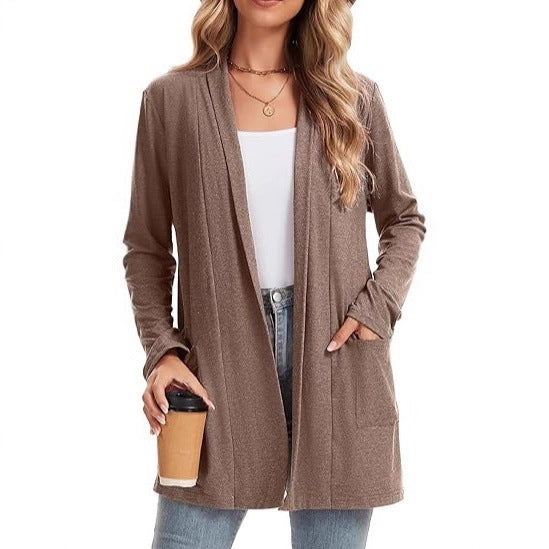 Damen Langarm-Cardigan Offene Front Taschen Norvielle