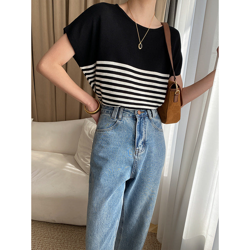 Damen T-Shirt Gestreift Lockerer Schnitt Weiß-
