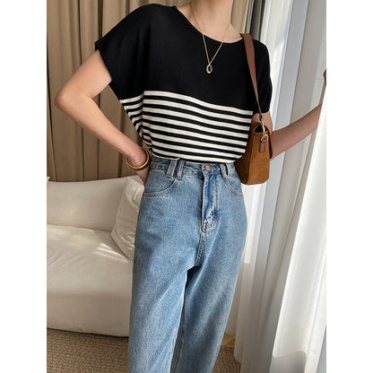 Damen T-Shirt Gestreift Lockerer Schnitt Weiß-