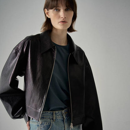 Damen Lederjacke Weit Schnitt Moderner Kragen