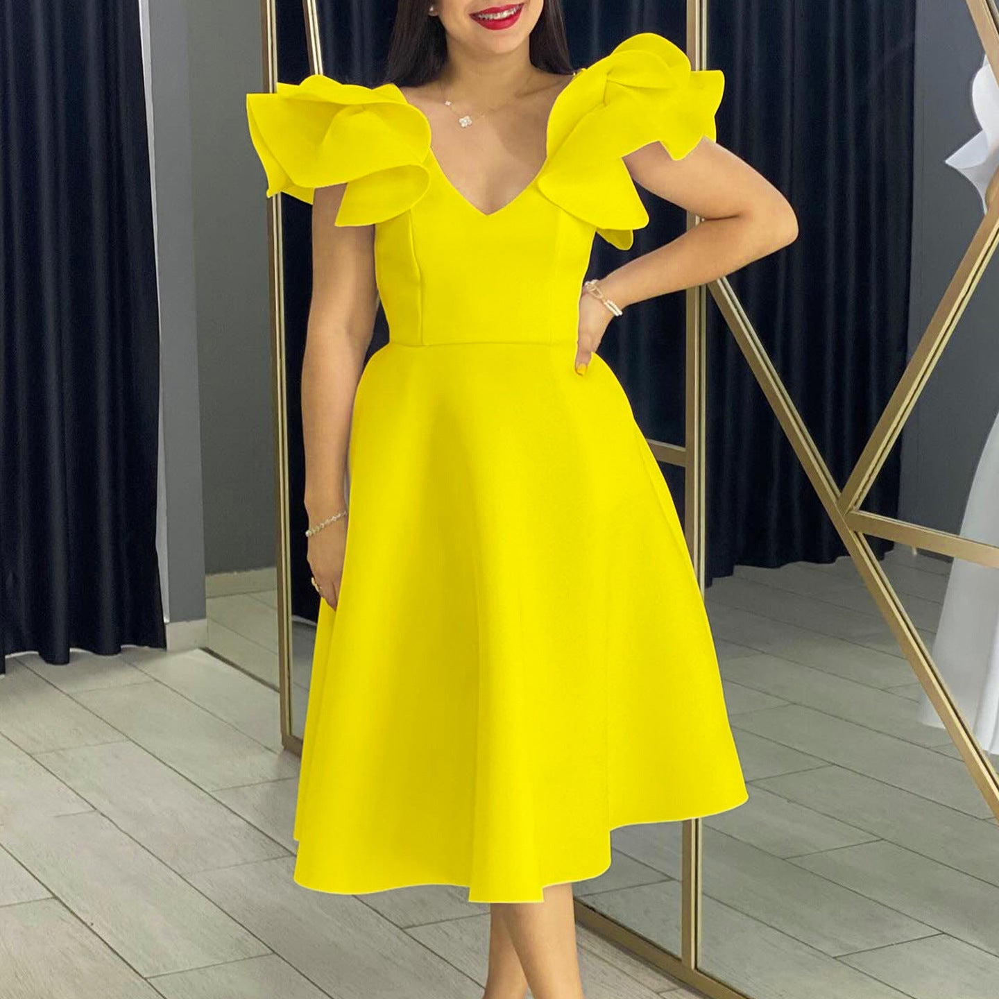Damen Midi-Kleid Voluminöse Rüschenärmel Weit Rock