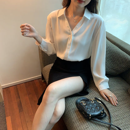 Damen Bluse Elegante V-Ausschnitt Feines Jersey Weiß