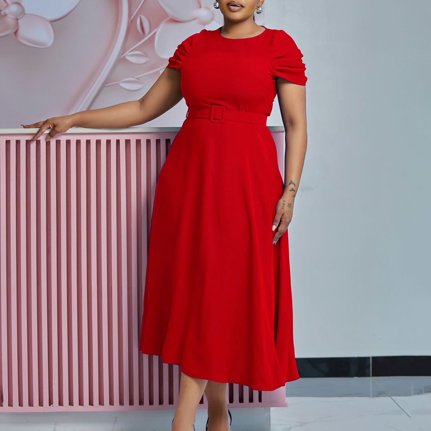 Damen Midi-Kleid Gummizug schmal Gürtel Norvielle - Norvielle