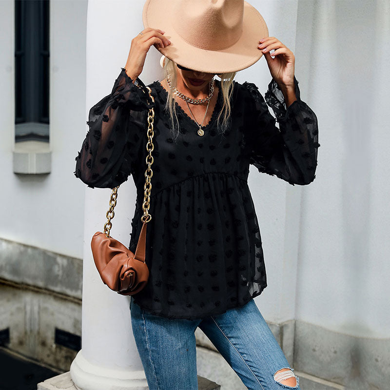 Damen Bluse Luftig Rüschendetails Punkte-Design