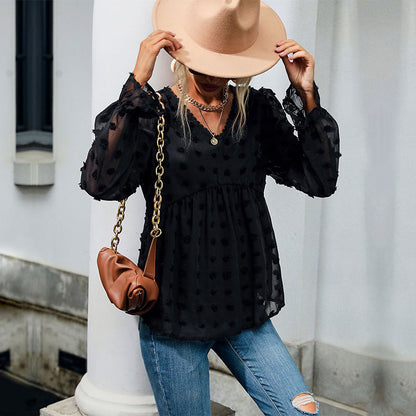 Damen Bluse Luftig Rüschendetails Punkte-Design