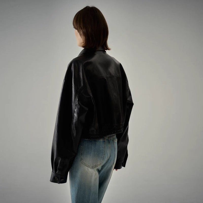 Damen Lederjacke Weit Schnitt Moderner Kragen