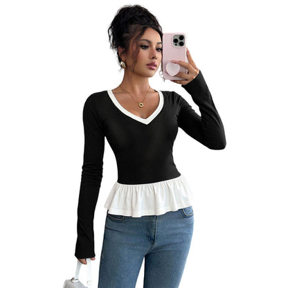 Damen Langarmshirt Rüschensaum V-Ausschnitt Norvielle
