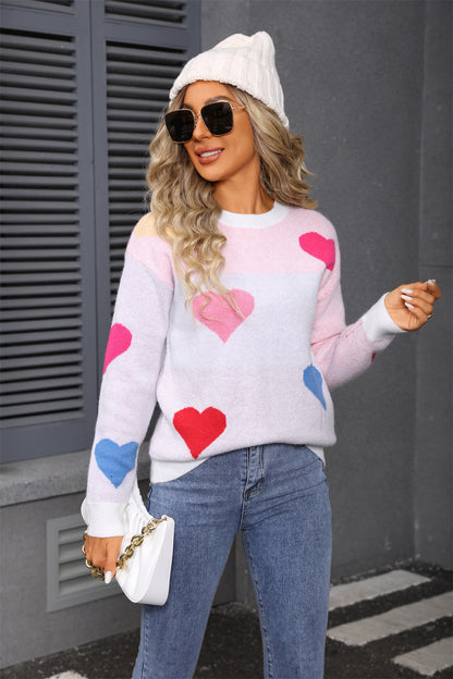 Damen Pullover Kuschelig Herz-Motive Strukturiert Rosa
