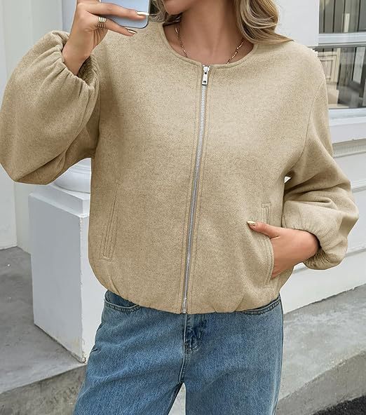 Damen Zip Jacke Lässig Ballonärmel Norvielle
