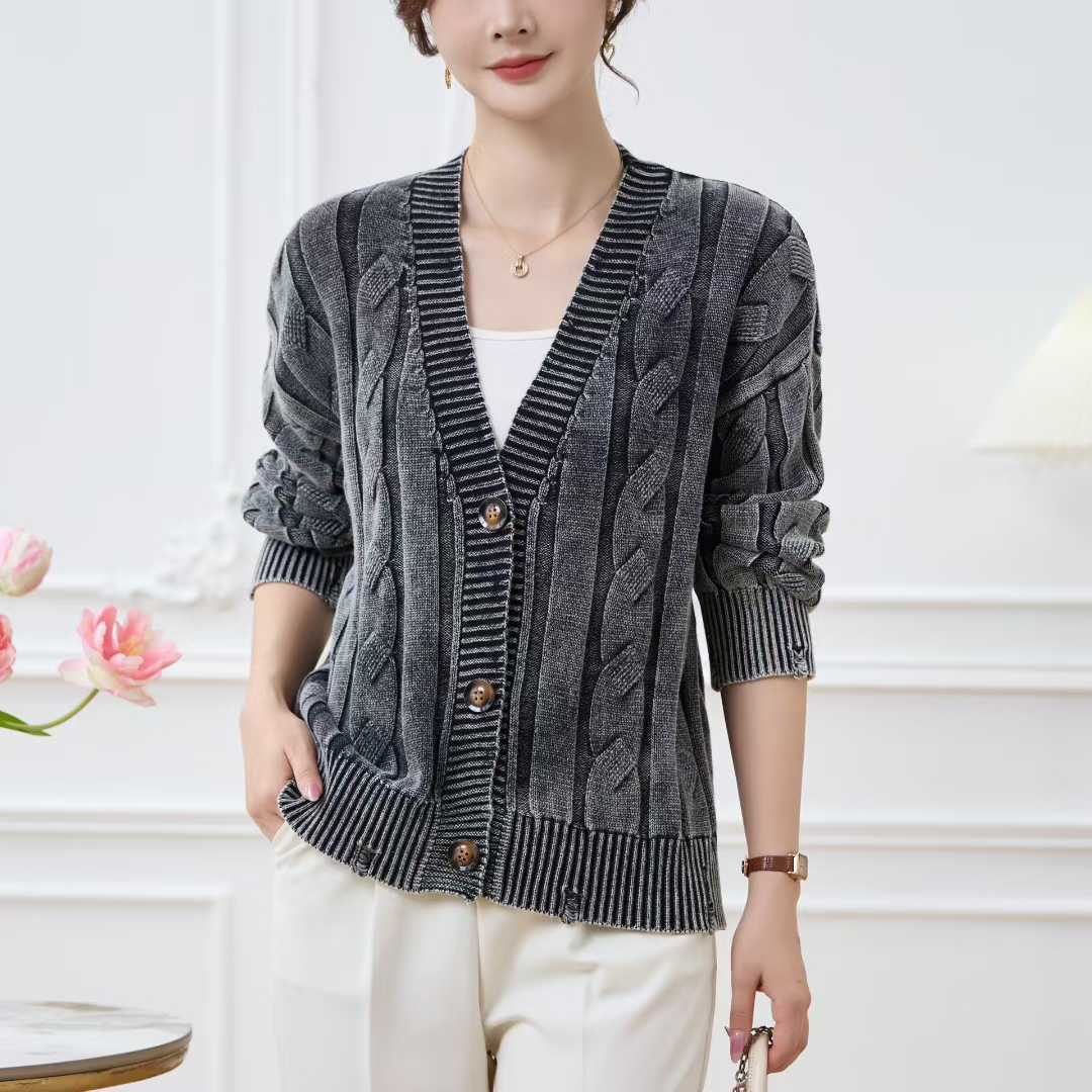 Damen Grobstrickjacke V-Ausschnitt Dekorative Knöpfe Norvielle