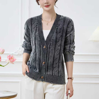 Damen Grobstrickjacke V-Ausschnitt Dekorative Knöpfe Norvielle