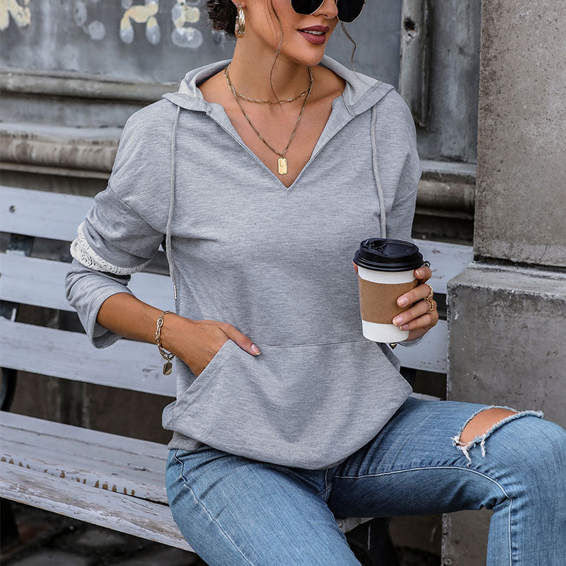 Damen Hoodie V-Ausschnitt Kontrastdetails Schwarz - Norvielle